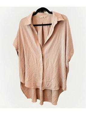 La Miel Beige Oversized High Low Collared Button Tunic Top Size Large Boho Flowy